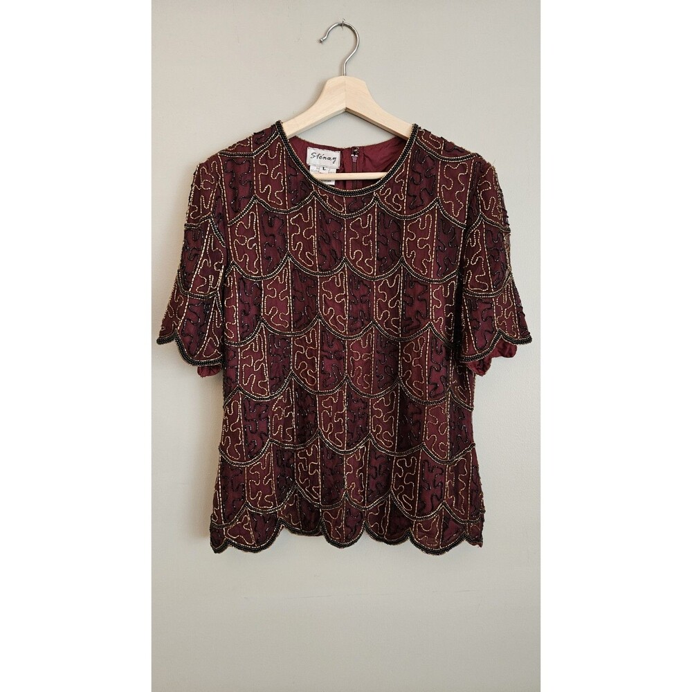 Vintage Stenay Womens Large 100% Silk Beaded Top Burgundy Gold Scalloped ArtDeco